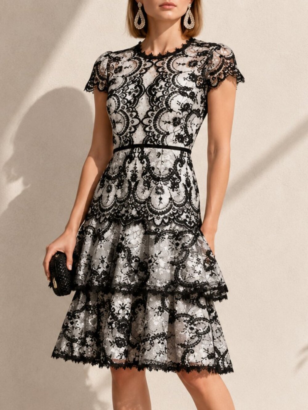 Marchesa Notte White Black Lace Tiered Formal Dress Size 12